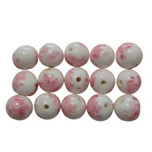 Vintage Japanese White Glass Beads 15 Pc Smooth Round w. Rose Pattern